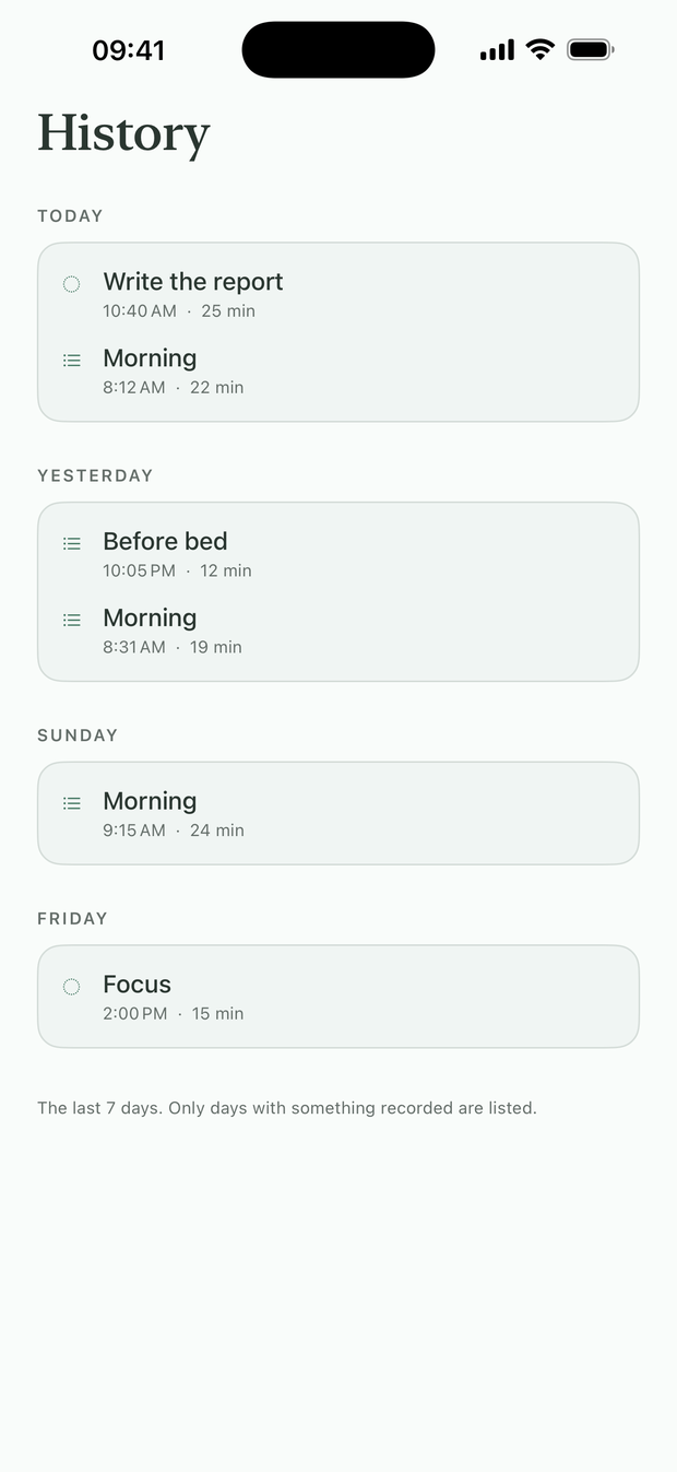 The Rundle history screen, showing completed routines and focus sessions grouped by day.
