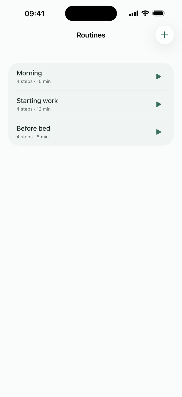 The Rundle routines screen, listing Morning, Starting work and Before bed with step counts and durations.