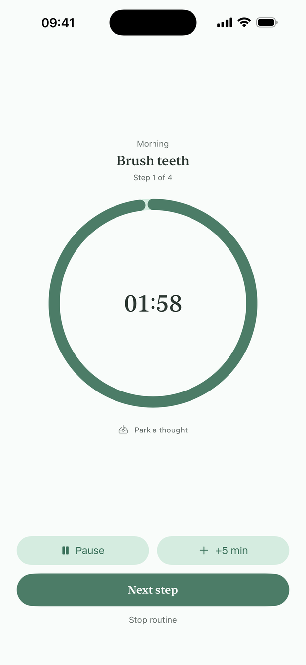 A routine running in Rundle: the step name, a large countdown ring, and buttons to pause, add five minutes, or move to the next step.